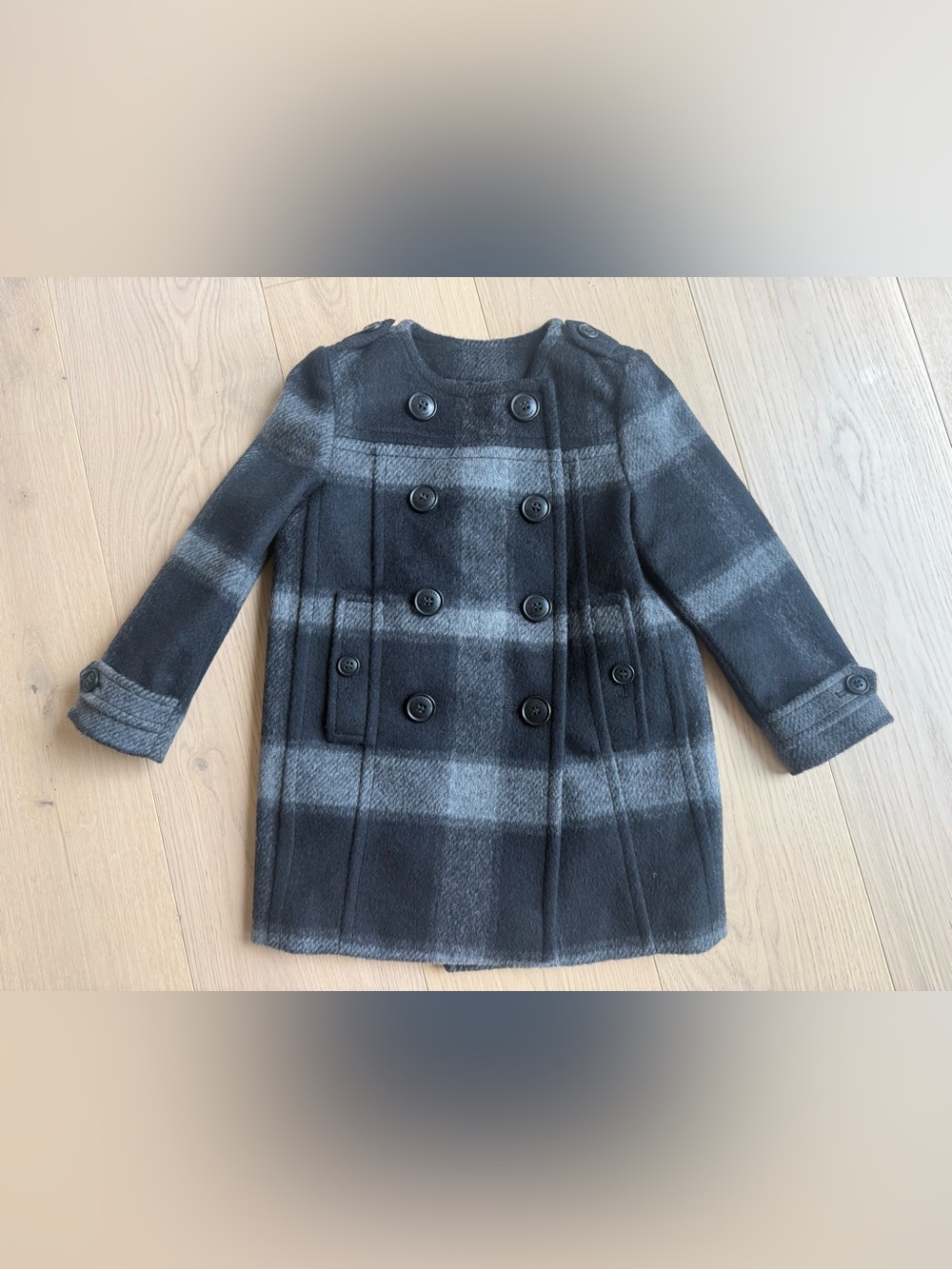 Burberry Black and Gray Plaid Double-Breasted Wool Peacoat Kids Girls Jacket 4